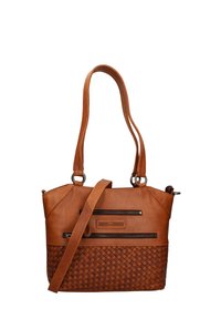 Bruine leren handtas met een geweven ondersectie, twee geborduurde voorkiezen, dubbele handgrepen en een verstelbare schouderriem.