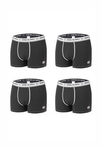 Boxers noirs avec une ceinture élastique blanche portant le texte "SERGE BLANCO", des surpiqûres contrastées et une coupe ajustée. Quatre paires affichées.