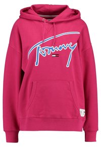 Felpa rosa in misto cotone, con un grande logo "Tommy" bianco e blu, tasca frontale e polsini e orlo a coste.