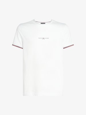 Bijela pamučna majica kratkih rukava s malim crnim i crvenim logotipom "TOMMY HILFIGER" na prsima i prugastim detaljima na rukavima.