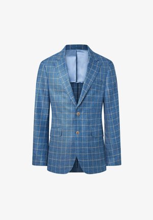 Blazer a quadri blu con un sottile motivo a scacchi, due tasche frontali e bottoni marroni. Fodera azzurra liscia. Design su misura.