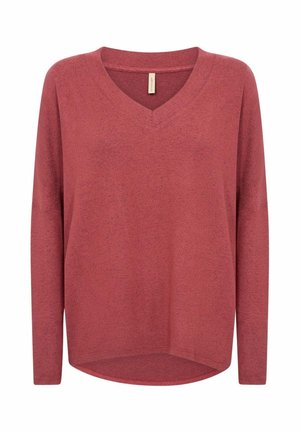 Ilgas rankovėmis moteriškas megztinis dulkėtai rožinės spalvos su V formos iškirpte ir šiek tiek išlenktu hemu.