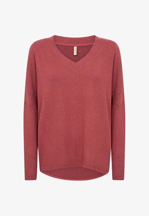 Sieviešu džemperis ar garām piedurknēm putekļainā rozā krāsā, ar V veida izgriezumu un nedaudz izliekta apakšmala.