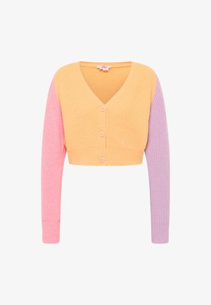 Pletená zkrácená kardigan s výstřihem do V, s oranžovými, růžovými a fialovými panely a třemi předními knoflíky pro zapínání.