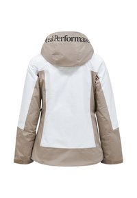 Skijacke in Beige und Weiß, mit Kapuze, Reißverschlusstaschen und Logo auf dem Rücken. Hergestellt aus glattem, wasserabweisendem Material.