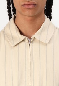 Beige collared jacket with light blue vertical stripes, featuring a front zipper and textured fabric. Close-up view of upper body.