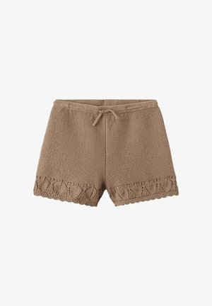 Shorts marron en maille avec une taille à cordon et un ourlet festonné comportant un motif style dentelle.