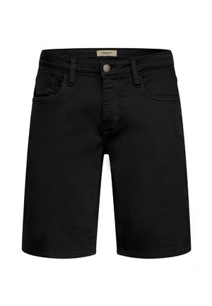 Crne traper kratke hlače do koljena s kopčanjem na gumbe sprijeda, zatvaračem, petljama za remen i dizajnom s pet džepova.