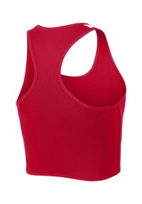 Crop top sportivo rosso con design a schiena scoperta, realizzato in tessuto liscio e elasticizzato. Presenta un collo rotondo e un aspetto pulito e minimale.