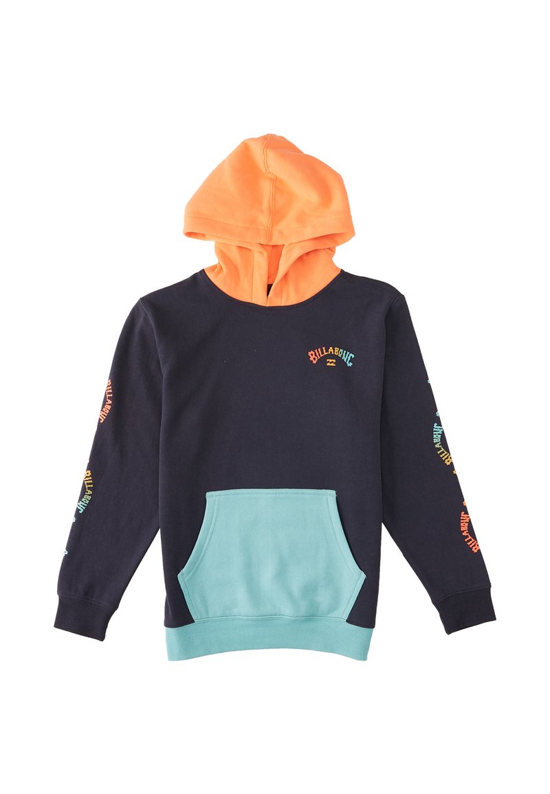 Marineblauer Hoodie mit einer orangefarbenen Innenseite der Kapuze und einer türkisfarbenen Fronttasche. Verfügt über farbenfrohe Textdesigns an den Ärmeln und einen lässigen Schnitt.