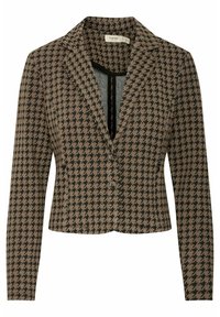 Braun und schwarzer Hahnentrittmuster-Blazer mit Reverskragen, einzelner Knopfverschluss und langen Ärmeln; aus strukturiertem Stoff gefertigt.