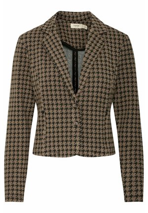 Hnědý a černý houndstooth blazer s klopovým límcem, zapínáním na jeden knoflík a dlouhými rukávy; vyroben z pevných látek.