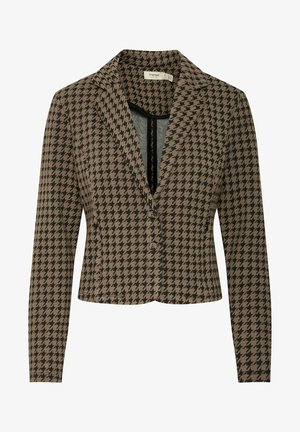 Blazer à motif pied-de-poule marron et noir avec col revers, fermeture à bouton unique et manches longues ; fabriqué en tissu structuré.
