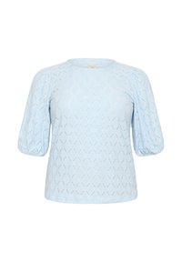 Light blue short-sleeve top with a textured diamond pattern and puffed sleeves, featuring a round neck and a straight hem.