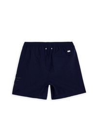 Navy blue swim shorts with an elastic waistband and a back pocket. Features vertical gray accents on one side and two metal button details.