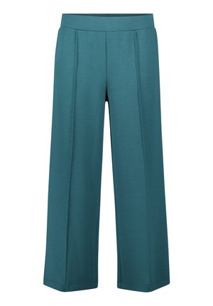Teal wijde broek gemaakt van zachte stof, met een platte tailleband en twee voorplooien voor extra detail.