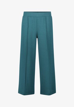 Teal wijde broek gemaakt van zachte stof, met een platte tailleband en twee voorplooien voor extra detail.