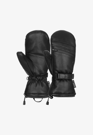 Sorte læderhandsker med en glat overflade, elastiske manchetter og justerbare remme. Har en lynlåslomme på den ene handske.