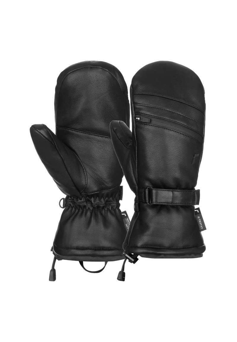 Svarta läderhandskar med en slät yta, elastiska manschetter och justerbara remmar. Har en zip-ficka på ena handsken.