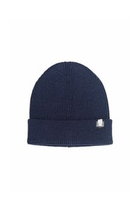 Marineblaue Strickmütze mit umgeschlagenem Saum, ausgestattet mit strukturierter Rippung und einem kleinen, quadratischen, gestickten Logopatch an der Seite.