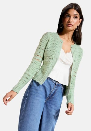 Mėtų žalia megzta kardiganas su tekstūruotu bangų raštu. Turi sagų užsegimą ir riešų ribinę apdailą. Derinamas su baltu viršutiniu drabužiu ir mėlynais džinsais.