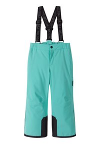Pantalons de neige imperméables turquoise avec des accents noirs, taille élastique, bretelles réglables et genoux renforcés pour la durabilité.