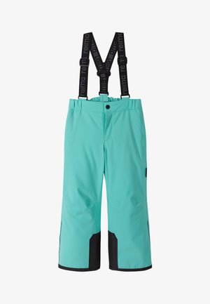 Turkise vandtætte snebukser med sorte detaljer, elastisk talje, justerbare seler og forstærkede knæ for holdbarhed.