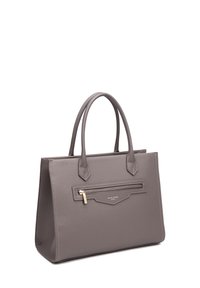 Graue Leder-Totetasche mit doppelten Griffen, einer Frontreißverschlusstasche und subtiler Textur. Verfügt über goldene Hardware und eine strukturierte Form.