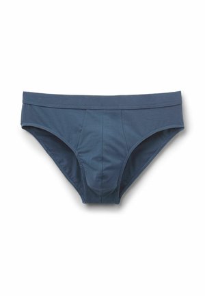 Blauwe katoenen slip met een gladde textuur, voorzien van een klassieke snit en subtiele plooien aan de voorkant, en een elastische tailleband voor een stevige pasvorm.