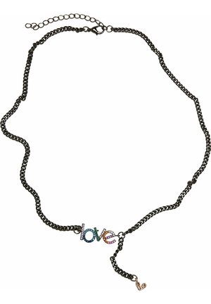 Sorte kjede med en "kjærlighet" pendel dekorert med flerfargede rhinestones og en liten hjerteakcent, justerbar lengde.