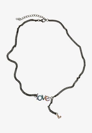Sort kædedesign halskæde med en "love" vedhæng udsmykket med flerfarvede rhinsten og et lille hjerteaccent, justerbar længde.