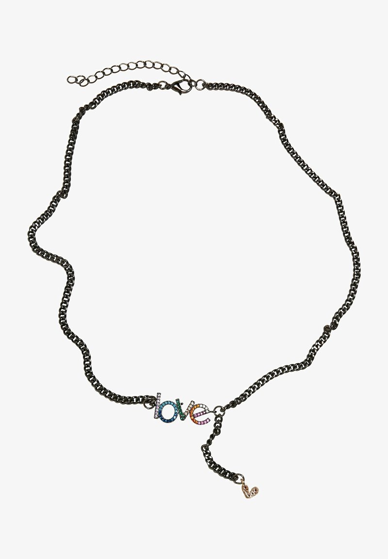 Svart kedja halsband med en "love" berlock prydd med flerfärgade rhinestones och en liten hjärtaccent, justerbar längd.