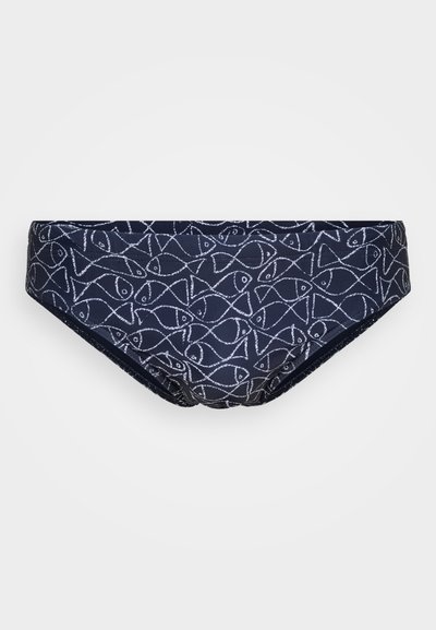 Navy blauwe bikini broek met een wit vispatroon, voorzien van een gladde textuur en een elastische tailleband. Middelhoge ontwerp geschikt voor het zwemmen.