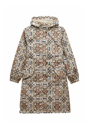 Cream hooded raincoat with elastic cuffs and a brown, blue, and green equestrian-inspired chain and buckle pattern.