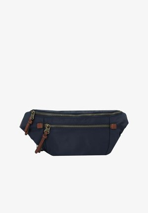 Dunkelblaue Stofftasche mit zwei vorderen Reißverschlüssen, braunen Lederakzenten und einer flachen, verlängerten Form. Strukturierte Oberfläche mit nahtlosem Stich.