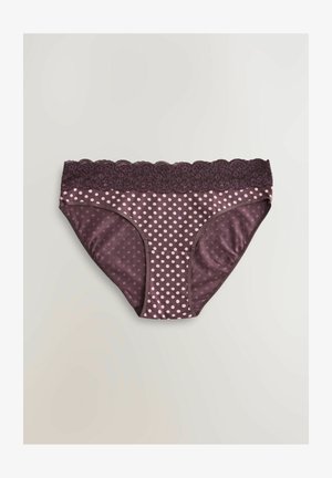 Mutandine a pois viola con una cintura in pizzo. Il design presenta pois rosa alternati e una texture liscia e elastica.