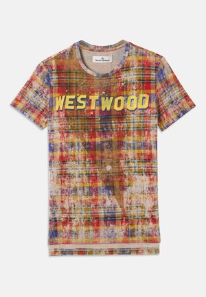 T-shirt de manga curta às riscas em vermelho, amarelo, azul e bege com o texto "WESTWOOD" e acentos de estrela no peito.
