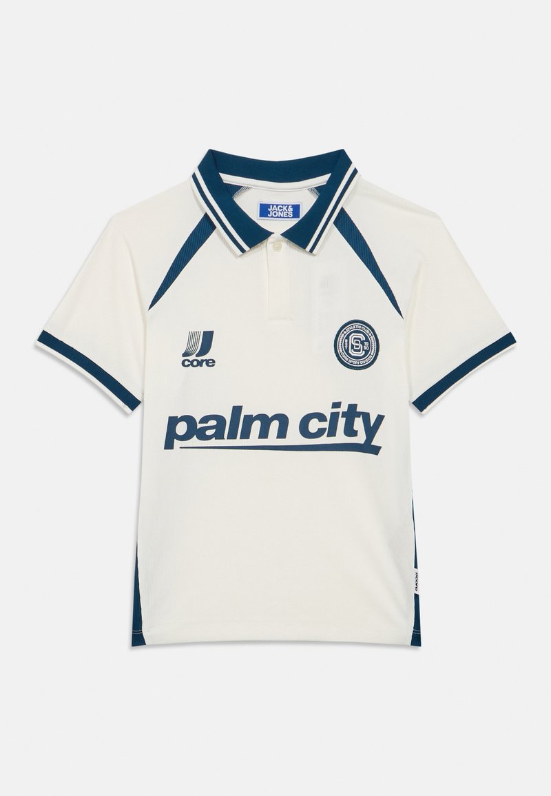 Λευκό πόλο μπλουζάκι με ναυτικό μπλε λεπτομέρειες, ριμπ γιακά και πλευρικά πάνελ. Διαθέτει κείμενο "palm city" και λογότυπο της μάρκας στο στήθος.