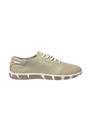 Gray leather sneaker with textured surface, white laces, and a flexible sole featuring city names molded into the design.