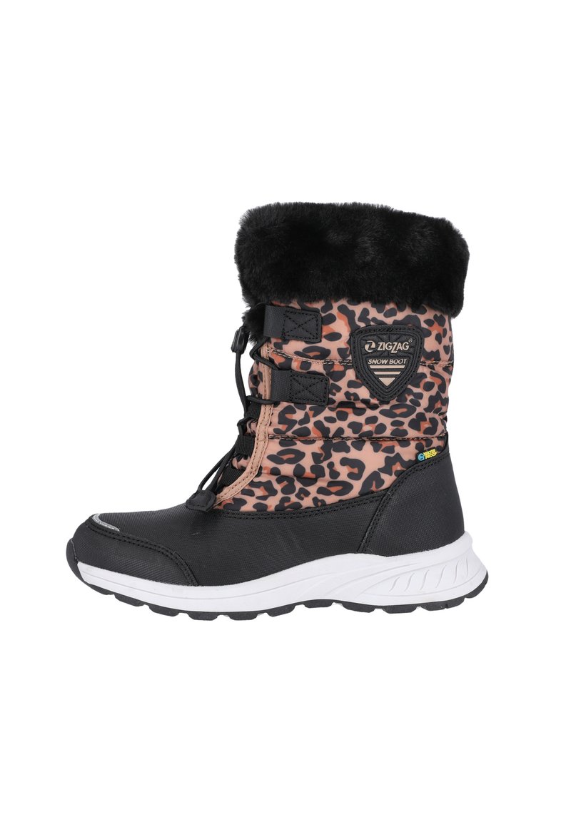 Bottes de neige avec imprimé léopard noir et rose, ornées de fausse fourrure, dotées d'un design à lacets, d'une semelle en caoutchouc et d'une cheville rembourrée pour un confort optimal.