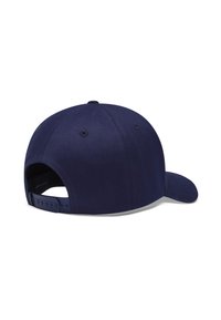 Gorra azul marino con un diseño estructurado, visera curvada y cierre ajustable tipo snapback; cuenta con pequeños agujeros de ventilación en la corona.
