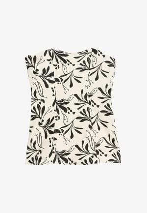 Weißes Oberteil aus Stoff mit einem schwarzen Blumenmuster, das Blätter und Beeren zeigt. Das Design umfasst einen Schiffs-Ausschnitt und Kurzärmel.