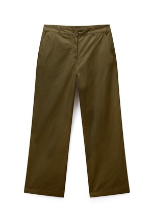 Szerokie spodnie w kolorze oliwkowej zieleni z przodu zapinane na guziki i zamek błyskawiczny, z pętlami na pasek i bocznymi kieszeniami, leżące płasko na białym tle.