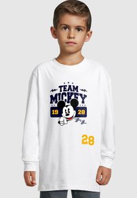 White long-sleeve T-shirt featuring a blue graphic with "TEAM MICKEY," Mickey Mouse, and the numbers "1928" and "28" in yellow.