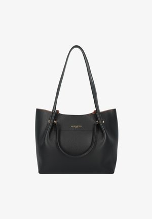 Borsa tote in pelle nera con finitura testurizzata, dettagli in metallo dorato e manici doppi. Design con apertura superiore. Logo del marchio visibile sul davanti.