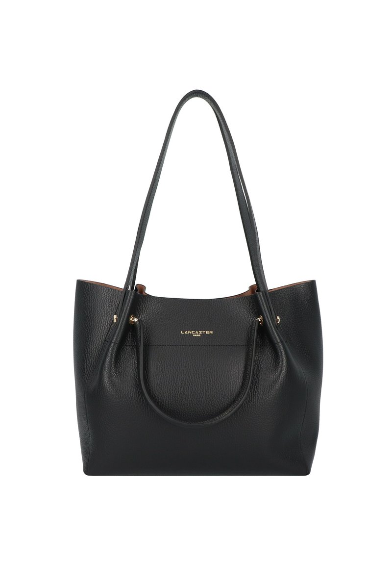 Borsa tote in pelle nera con finitura testurizzata, dettagli in metallo dorato e manici doppi. Design con apertura superiore. Logo del marchio visibile sul davanti.