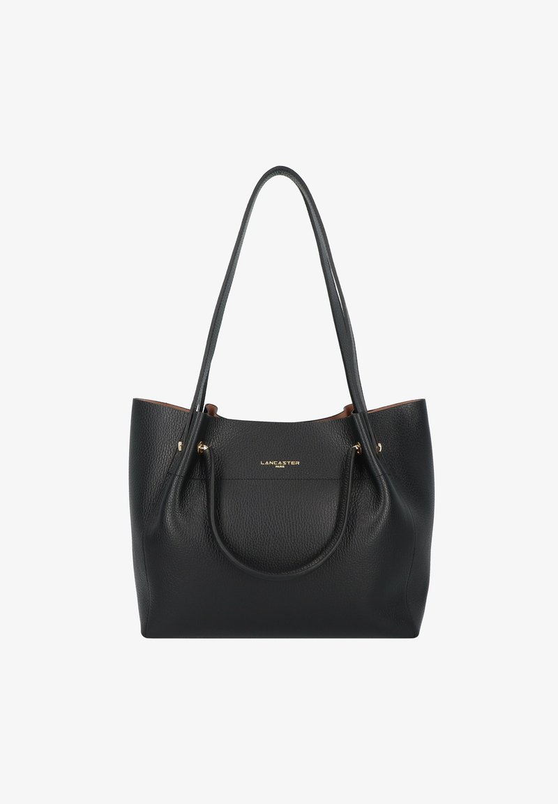 Borsa tote in pelle nera con finitura testurizzata, dettagli in metallo dorato e manici doppi. Design con apertura superiore. Logo del marchio visibile sul davanti.