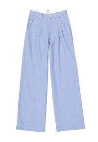 Helleblaue weit geschnittene Hose aus weichem Stoff. Mit Knopfverschluss, Falten an der Taille und seitlichen Taschen.