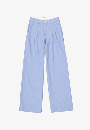 Light blue wide-leg trousers made from soft fabric. Features a button closure, pleats at the waist, and side pockets.