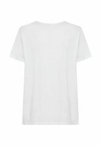 Witte katoenen T-shirt met korte mouwen, ronde hals en een losse pasvorm. Soepele textuur, geen patronen of hardware. Alleen een achteraanzicht.